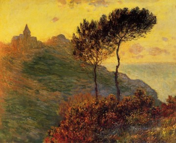 風景 Painting - クロード・モネの夕日を背景にしたヴァランジュヴィルの教会
